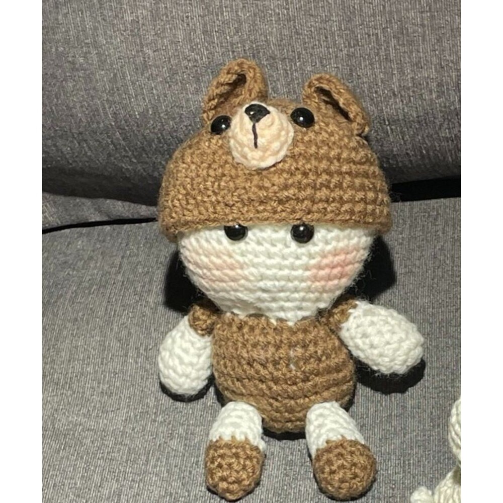 Handmade Crochet Bear Costume Doll Amigurumi 6" Tall OOAK Plush w/ Removable Hat